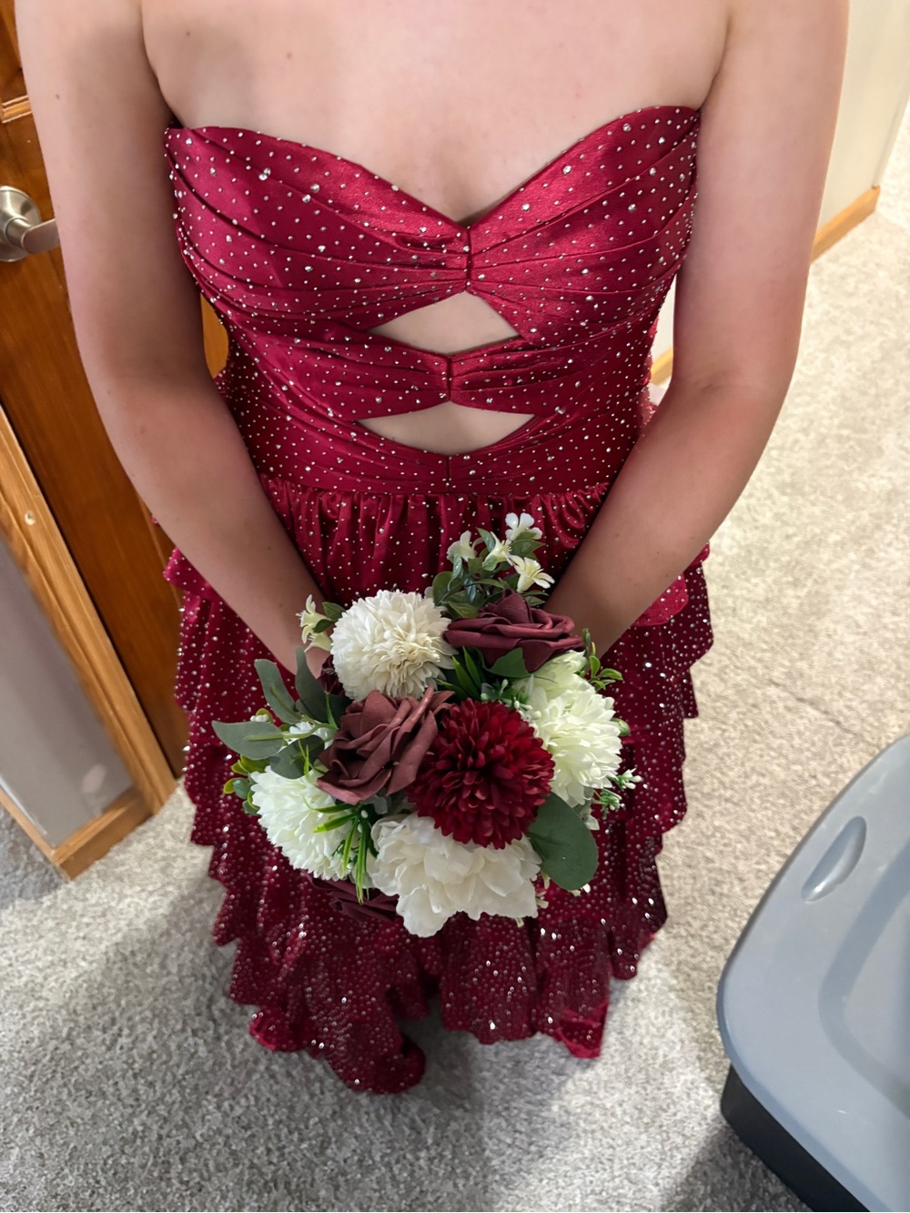 Strapless Burgundy/Red Ruffled Prom Dress - Picture 4 of 6